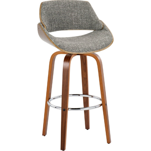 Fabrizzi 30" Swivel Bar Stool in Walnut Wood & Noise Grey Fabric w/ Chrome Footrest (Set of 2)